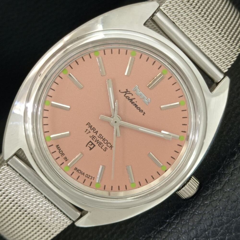 Vintage 1982 HMT Manual Wound Mens Silver Watch & Brown accents